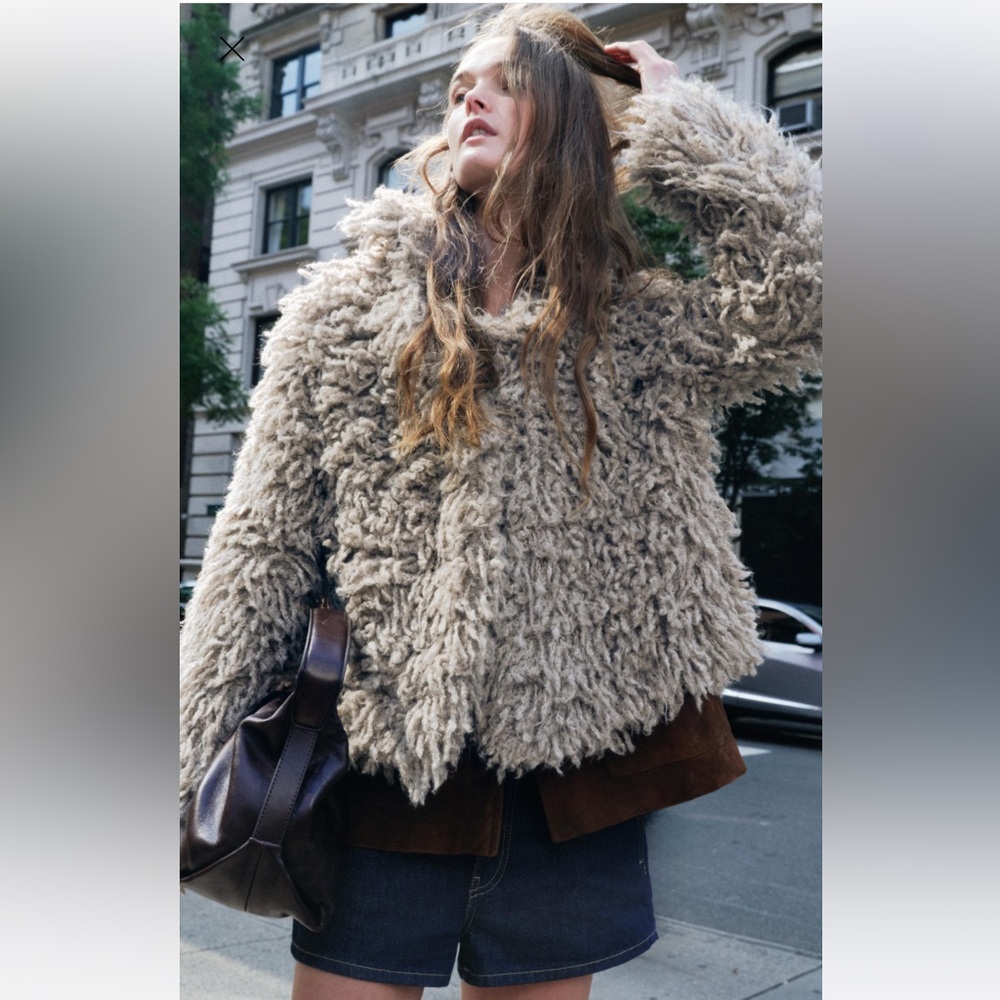 ZARA FAUX FUR KNIT JACKET 4938/102 SMALL MINK BEIGE CARDIGAN COAT TEDDY SHERPA - Picture 6 of 13